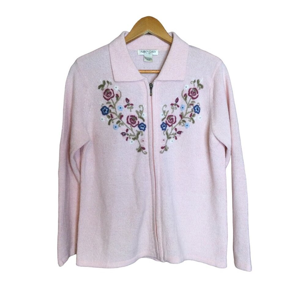 Vintage Allison Daley Petite Crewel Embroidered Floral Cardigan Zip-Up Front Lon